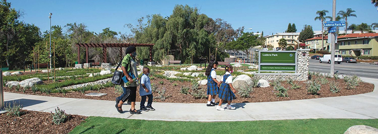 Ladera Park in Los Angeles includes an  underground infiltration system, bioswales  and irrigation from stormwater.