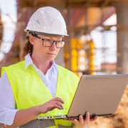 Woman at construction site working on laptop