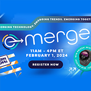 Graphic promoting the e-Merge conference for 2024