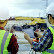 Construction management in safety gear holding a mobile tablet while overlooking a construction site